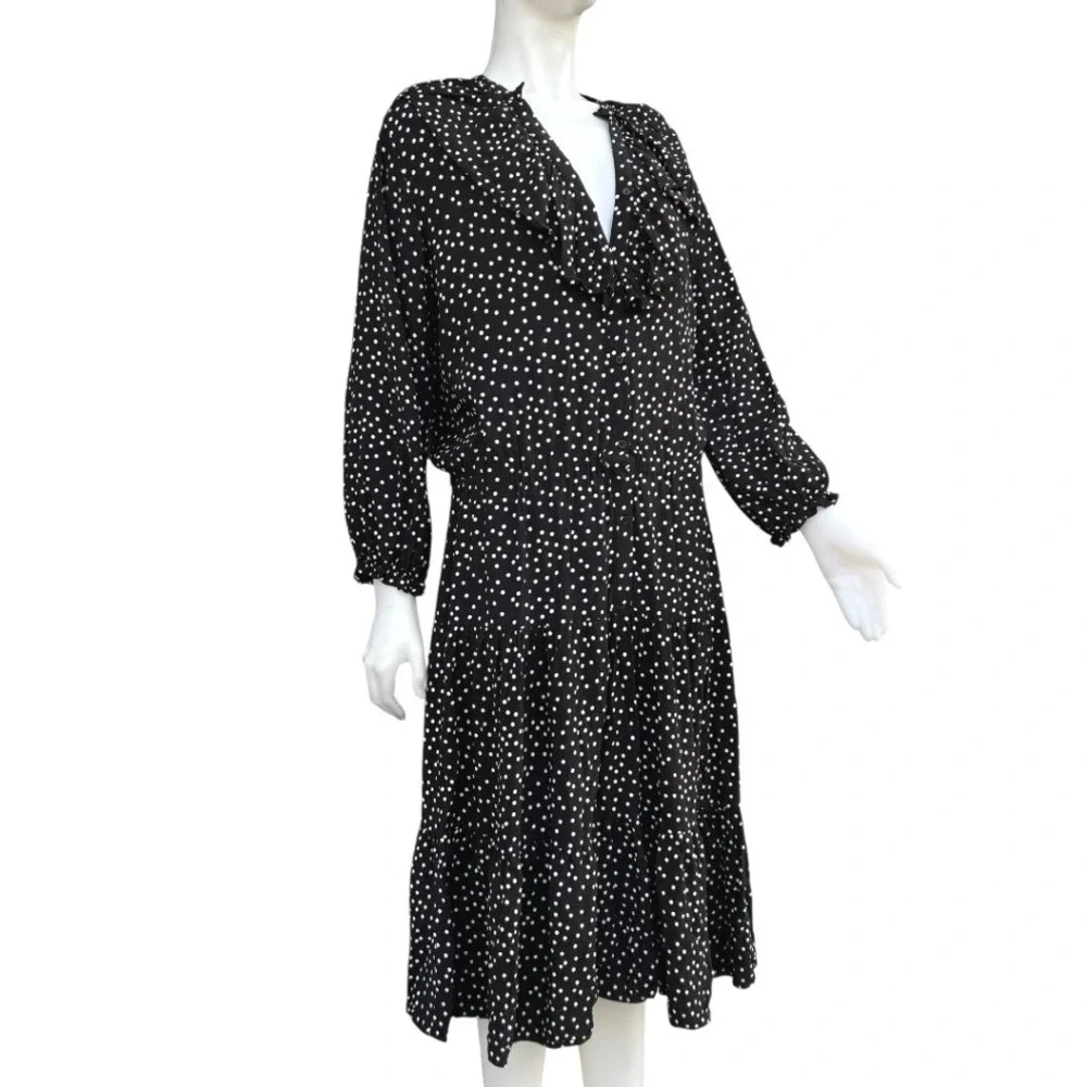 Polka Dot Tiered Midi Dress Black White Ruffle V-Neck Parisian‎ Chic Boho Size M